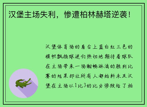 汉堡主场失利，惨遭柏林赫塔逆袭！