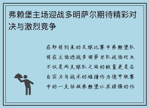 弗赖堡主场迎战多明萨尔期待精彩对决与激烈竞争