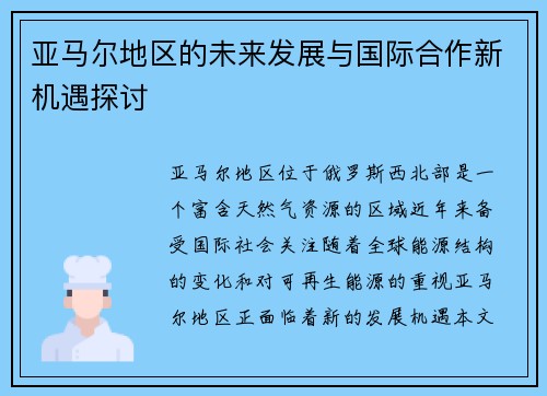 亚马尔地区的未来发展与国际合作新机遇探讨