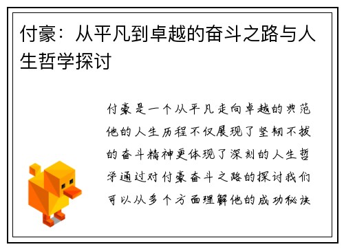 付豪：从平凡到卓越的奋斗之路与人生哲学探讨